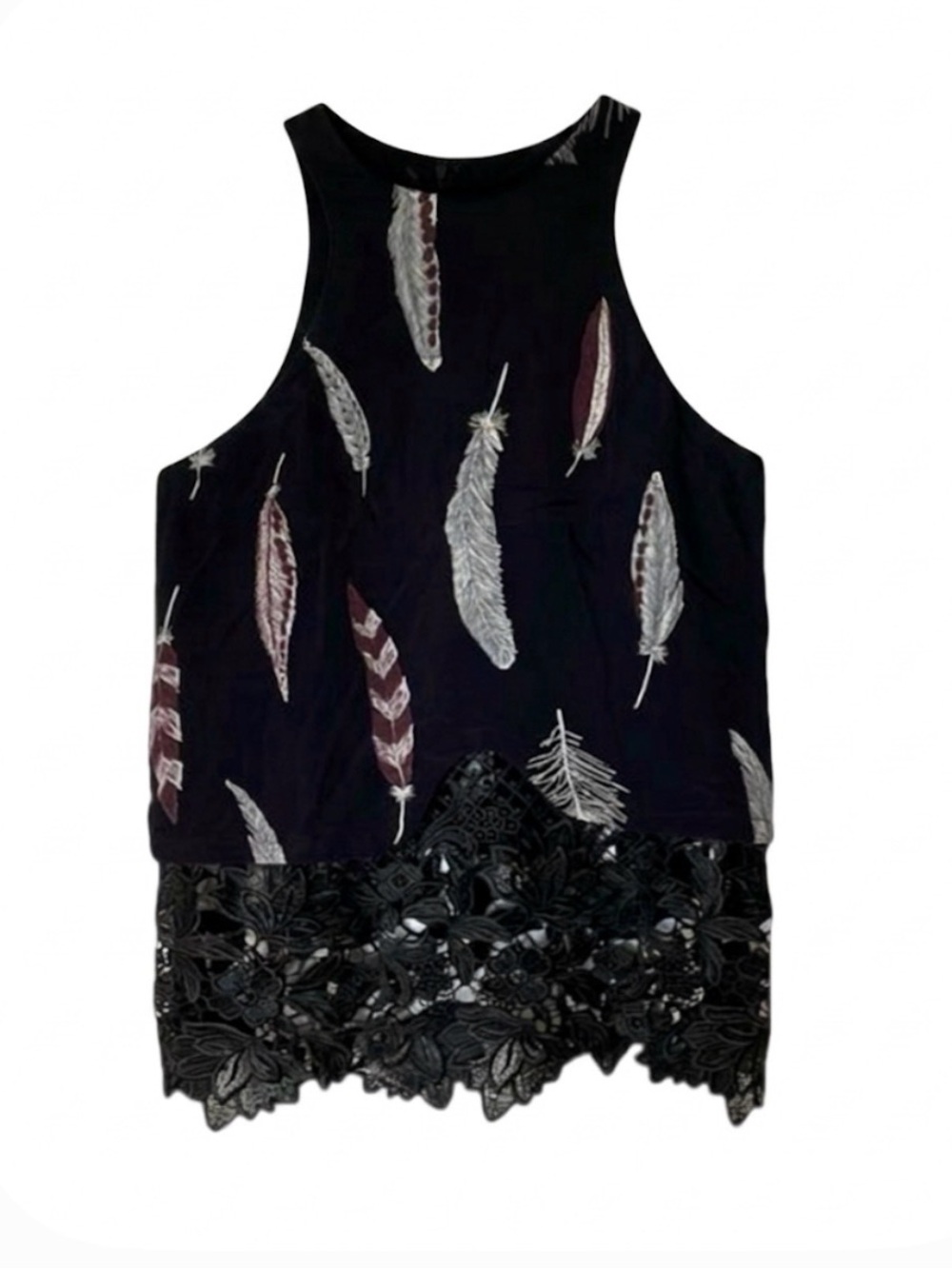 LINE & DOT Sleeveless Feather Print Lace Trim Top, Women’s M, Black White Red